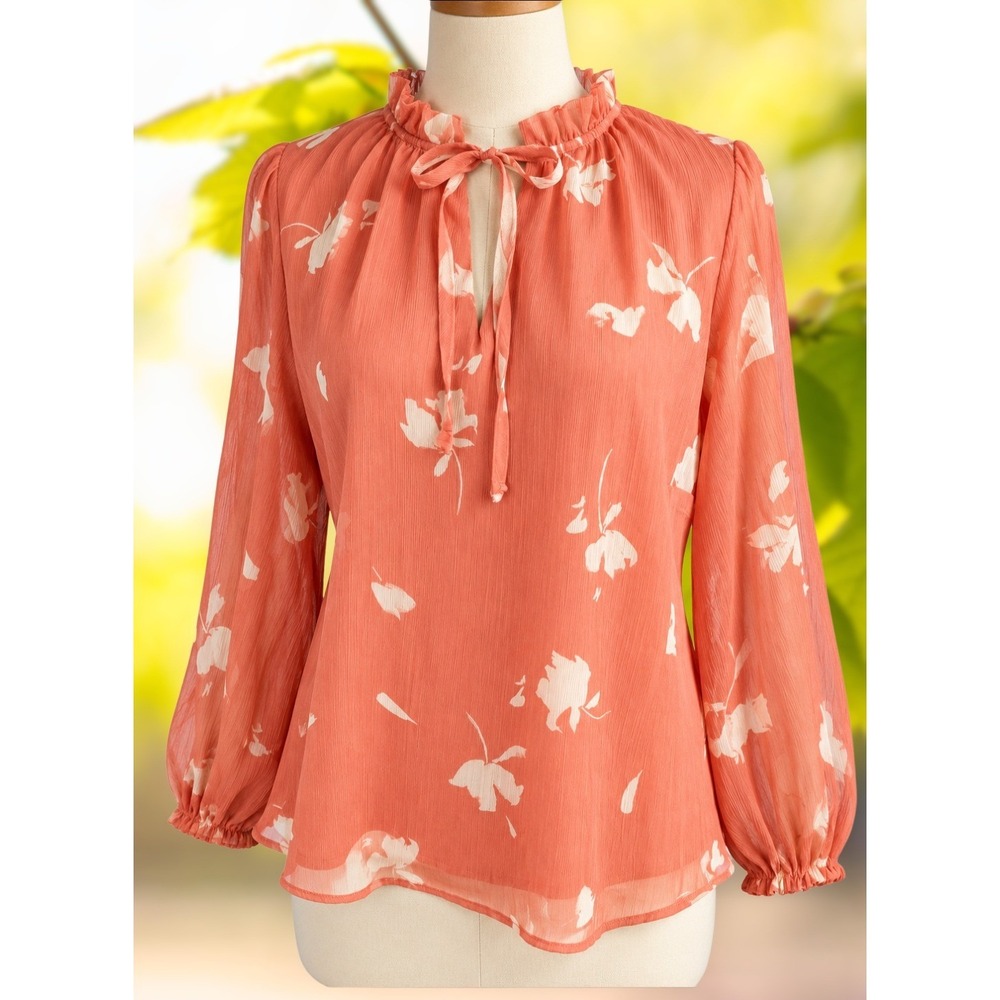 Ava & Viv Sz X Coral Floral Micro Crinkle Chiffon Ruffle Tie Neck Blouse Top